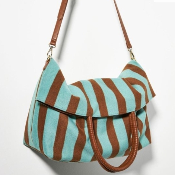 Anthropologie Handbags - NWOT Anthropologie Turquoise and Brown Striped Tote Bag w/ Pouch